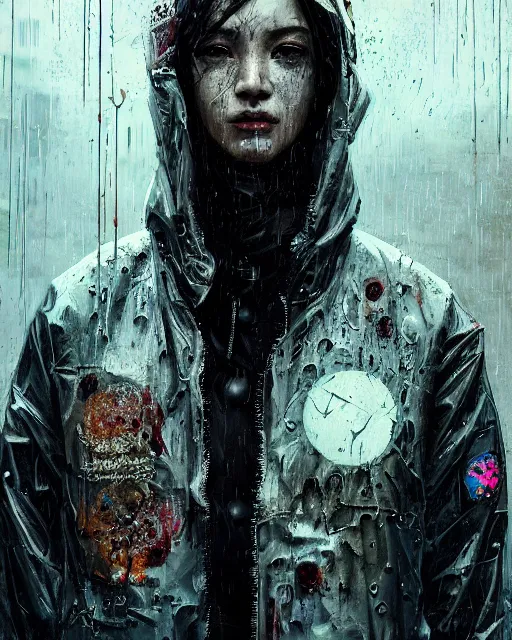 Prompt: detailed portrait, zombie, rain, cyberpunk futuristic neon, reflective puffy coat, decorated with traditional japanese ornaments by ismail inceoglu dragan bibin hans thoma greg rutkowski alexandros pyromallis nekro rene maritte illustrated, perfect face, fine details, realistic shaded, fine - face, pretty face