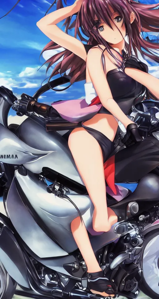 Image similar to close up of a high definition anime girl in a 1998 black Yamaha V80 motorbike with armenia quindio in the background , Artwork by Makoto Shinkai, pixiv, 8k, official media, wallpaper, hd