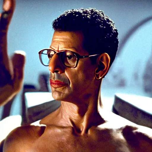 Image similar to jeff goldblum as cleopatra, cinematic, highly detained, movie still, vivid color,