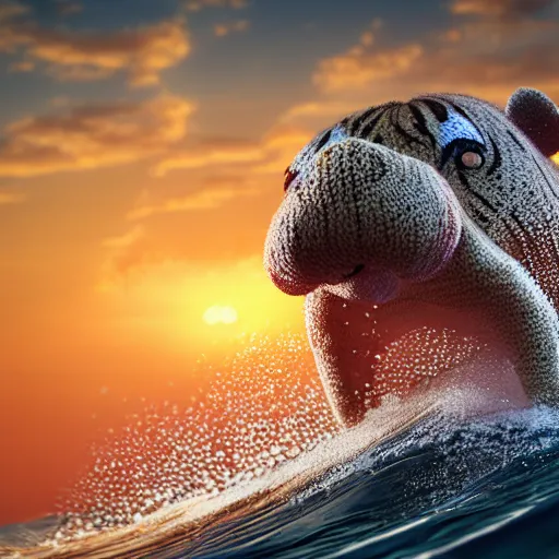 Image similar to a closeup photorealistic photograph of a cute smiling knitted tiger hippopotamus riding a large wave at sunset. surf in the background. professional capture. brightly lit scene. this 4 k hd image is trending on artstation, featured on behance, well - rendered, extra crisp, features intricate detail, epic composition and the style of unreal engine.