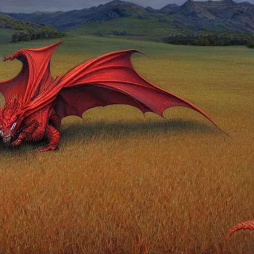 Image similar to The red dragon standing in an open field, art by Donato Giancola and James Gurney, digital art, trending on artstation