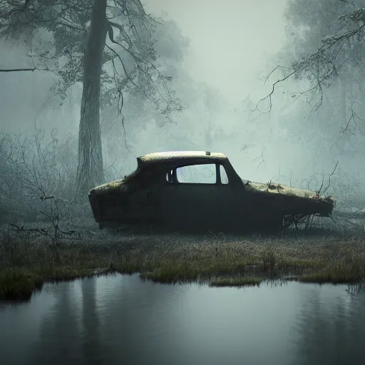 Image similar to beautiful dark creepy foggy swamp landscape, old abandoned car sinking, in the style of beeple and Mike Winkelmann, intricate, epic lighting, cinematic composition, hyper realistic, 8k resolution, unreal engine 5,