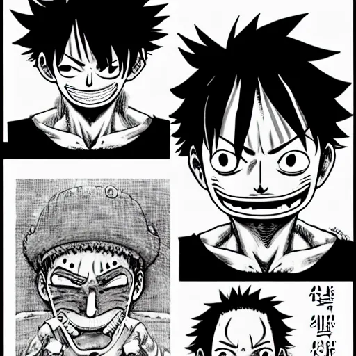 Image similar to [ luffy mustache ] ( by kim jung gi ) ( by george morikawa ) ( by kentaro miura ) ( by eiichiro oda )