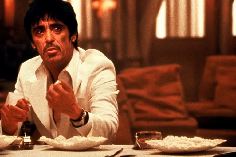 Prompt: tony montana from movie scarface 1 9 8 3 sitting at a big black oak table with big transparant packages of flour. next to the night window. al pacino. perfect symmetric face, coherent eyes,, fine details, 4 k, ron cobb, cinestill