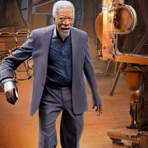 Image similar to animatronic Morgan Freeman, exposed mechanics, photo, Stan Winston studios, detailed, 4k