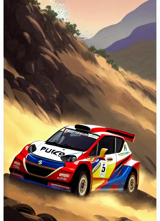 Image similar to suzuki pikes peak rally car, natural lighting, path traced, highly detailed, high quality, digital painting, by don bluth and ross tran and studio ghibli and alphonse mucha, artgerm