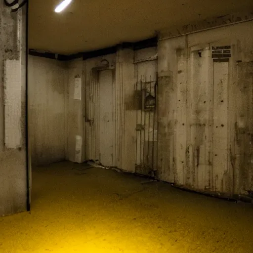 Prompt: an empty backroom at night, eerie atmosphere, yellow hue
