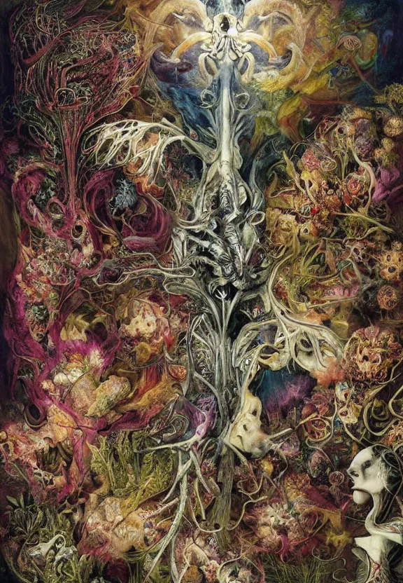 Image similar to simplicity, elegant, colorful muscular eldritch animals and bones radiating from fractal, orchids, flowers, mandala, white bones, by h. r. giger and esao andrews and maria sibylla merian eugene delacroix, gustave dore, thomas moran, pop art, chiaroscuro, biopunk, art nouveau