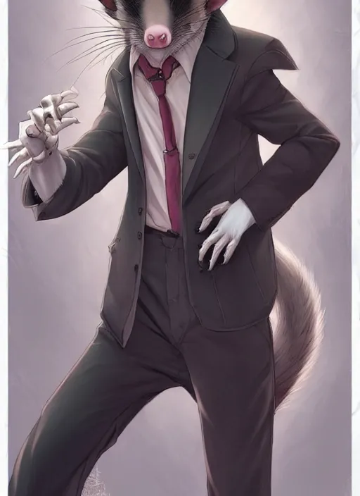 Prompt: character portrait of a male anthro opossum fursona with a tail and a cute beautiful attractive detailed furry face wearing a dress shirt and slacks outside a city tattoo parlor. Character design by charlie bowater, ross tran, artgerm, and makoto shinkai, detailed, inked, western comic book art