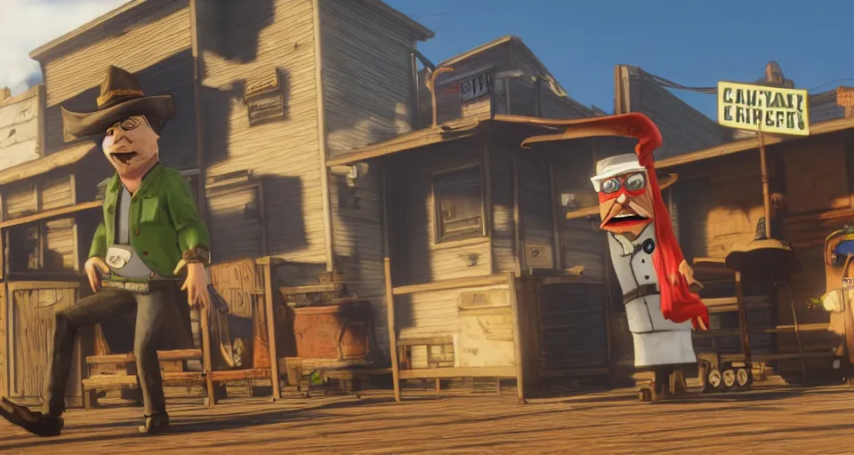 Prompt: Screenshot of Master Shake from Aqua Teen Hunger Force as a 3d cowboy in full cowboy attire in the videogame 'Red Dead Redemption 2'. Sharpened. 1080p. High-res. Ultra graphical settings.