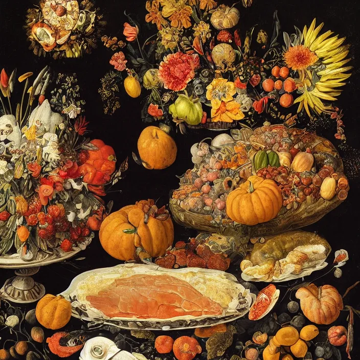 Prompt: victorian thanksgiving feast, flowers and fruits in a garden at night, black background, vanitas, a still life by giuseppe arcimboldo, a flemish baroque by jan van kessel the younger, intricate high detail masterpiece