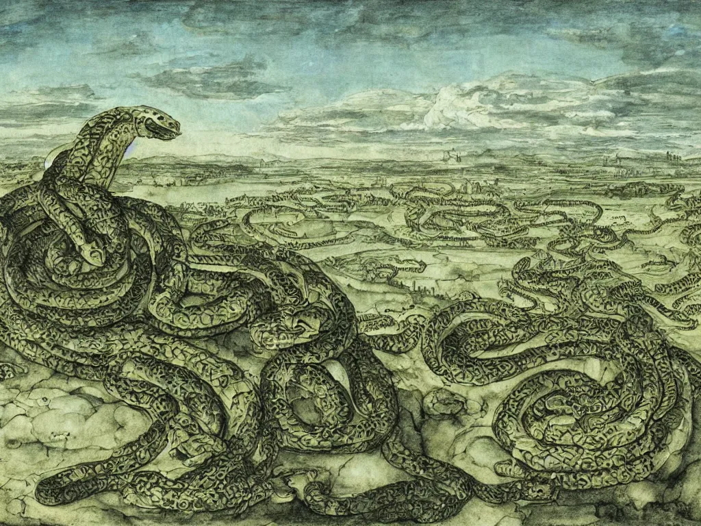 Prompt: Anaconda snake coiled around a large, white cloud, above a deserted, post-apocalyptic city. Painting by Durer.