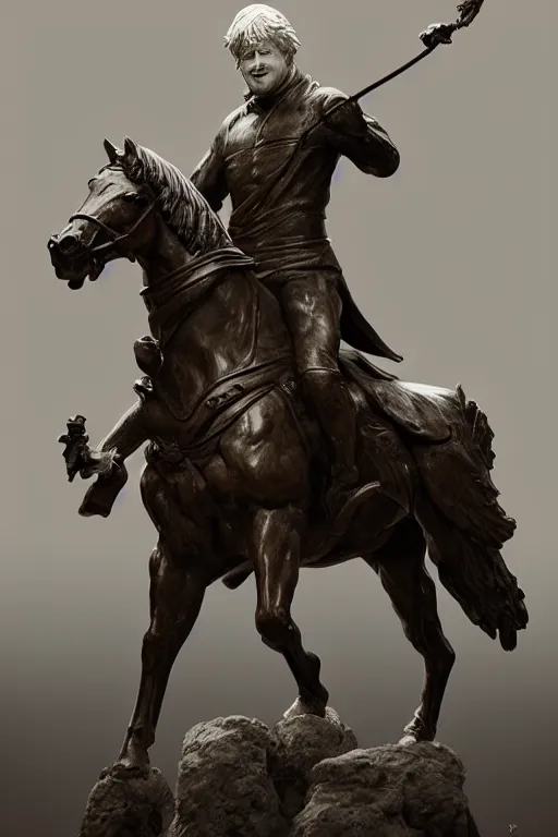 Image similar to a statue of boris johnson riding a horse, anatomy, bathed in light, highly detailed, photorealistic, artstation, smooth, sharp focus, illustration, unreal engine 5, 8 k, art by artgerm and greg rutkowski and edgar maxence