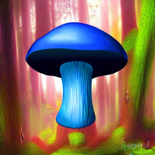 Prompt: A huge glowing blue mushroom inside a rainforest, digital art