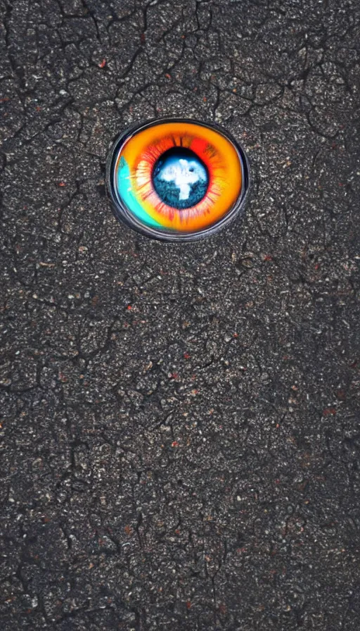 Image similar to photo of a human eye open on an asphalt road, realistic photo, shot with a gopro, looming, colorful, eerie