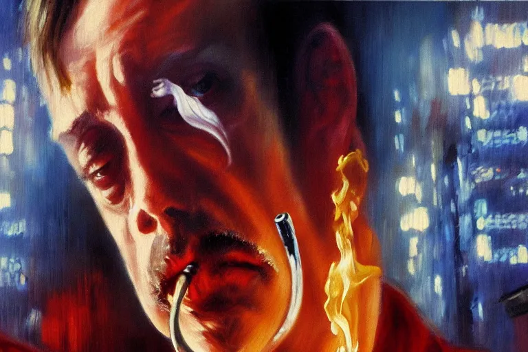 Image similar to expressive detailed impressionistic oil painting of film still of steve buscemi smoking a cigarette in blade runner, 4 k