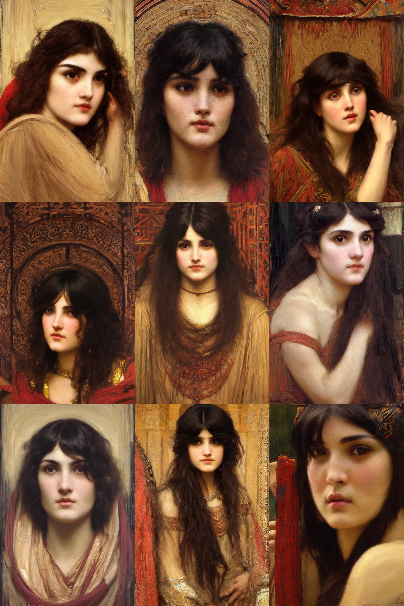Prompt: orientalism face detail of a cute oracle with bangs and dark curls by edwin longsden long and theodore ralli and nasreddine dinet and john william waterhouse, masterful intricate art. oil on canvas, excellent lighting, high detail 8 k