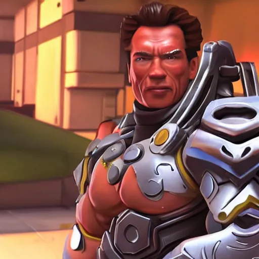 Image similar to a screenshot of arnold schwarzenegger as genji in overwatch, detailed, hyper realistic, award winning photo