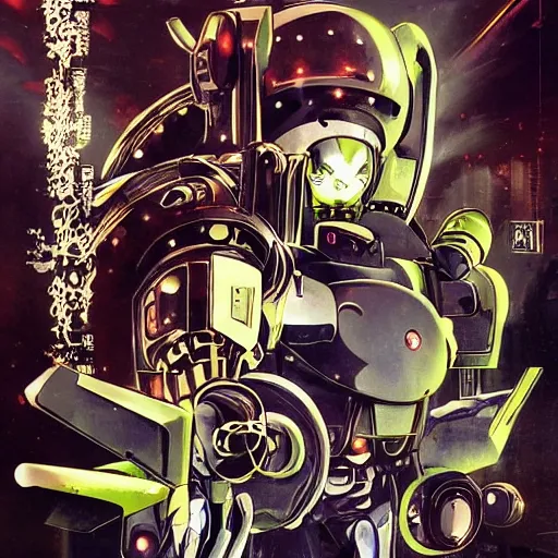 Image similar to the fullmetal neon friendly robot orion crosses the infinite boundary between reality and simulation, game poster by dave mckean, ivan shishkin, james jean and yoji shinkawa