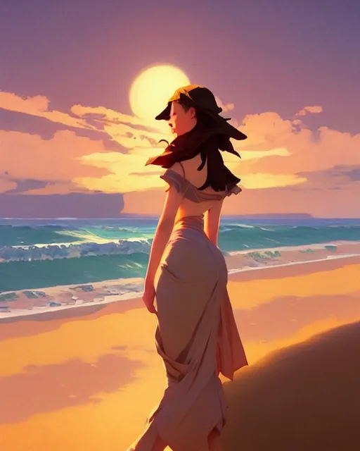 Prompt: lonely young woman wandering a beach at sunset painting by sargent and leyendecker, studio ghibli, fantasy, medium shot, asymmetrical, intricate, elegant, matte painting, illustration, hearthstone, by rhads by greg rutkowski, by greg tocchini, by james gilleard, by joe fenton