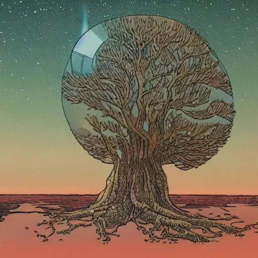 Prompt: a crystal floating in space with a large tree rooted in it, by moebius