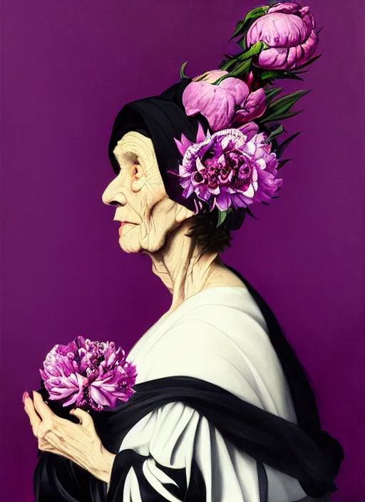 Prompt: portrait of a old year woman with a headscarf a dress of bones and many peonies snake smoke, purple colour scheme, full length, masterpiece, dark background, art by caravaggio, artstation