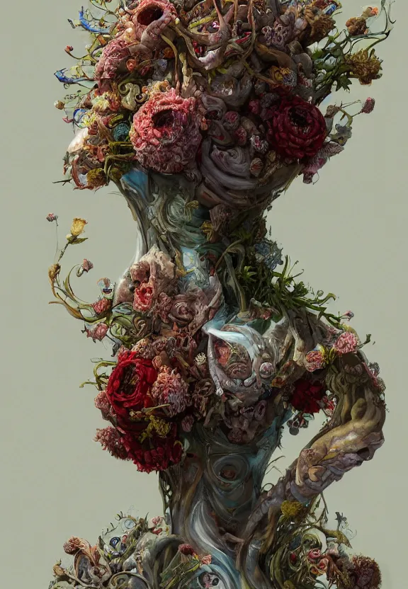 Prompt: biomorphic painting of a vase with flowers and eyeballs, au naturel, hyper detailed, digital art, trending in artstation, cinematic lighting, studio quality, smooth render, unreal engine 5 rendered, octane rendered, art style by dorothea tanning and marco mazzoni and ian sprigger and wlop and krenz cushart