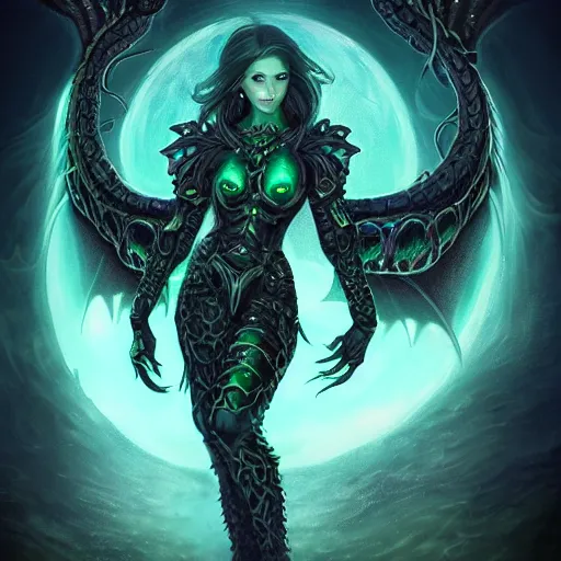 Prompt: enchanting feminine cthulhu goddess with timeless beauty, breathtaking glowing eyes & huge dragon wings, dressed for battle in black leather and gold armour, a glowing green plasma sword in her hand, red moon rising in behind her with many tentacles protruding from the shadow that frame the image, DSLR, HDR, 8k resolution, biblical art, mana art, unbeatable coherency, highly intricate digital art, incomprehensible and perspicious detail, unbeatable quality, silent hill aesthetic, lifelike, DSLR, HDR, 8k, unbeatable coherency, HP Lovecraft, by Reivash & AyyaSAP on deviantart