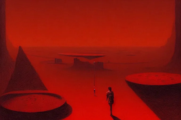 Image similar to only with red, red god of death eat apple, a futuristic city on mars in the background, red worms on the floor, in the style of beksinski, part by hopper, part by rodcenko, part by hofbauer, intricate composition, red by caravaggio, insanely quality, highly detailed, masterpiece, red light, artstation, 8 k