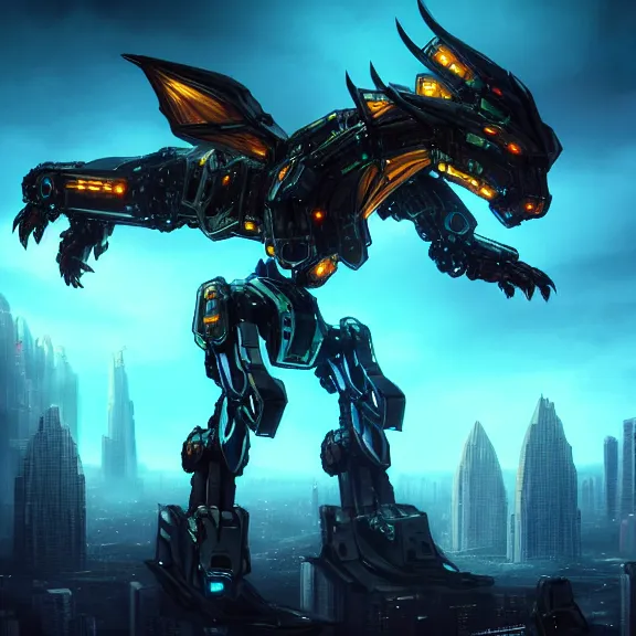 Prompt: cinematic shot, detailed handsome giant feral robot mecha dragon, sharp edged black armor, glowing OLED cyan visor, gold accents, two arms, two legs, two massive black wings on his back, looming over a city, epic shot, highly detailed art, 3D realistic, furry art, dragon art, feral art, macro art, furaffinity, DeviantArt, sofurry