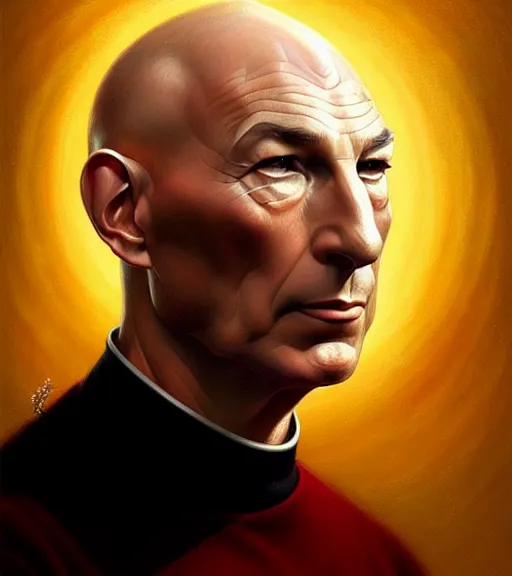 Prompt: portrait of Jean Luc Picard, intricate, elegant, highly detailed, centered, digital painting, artstation, concept art, smooth, sharp focus, illustration, by Peter Mohrbacher, WLOP