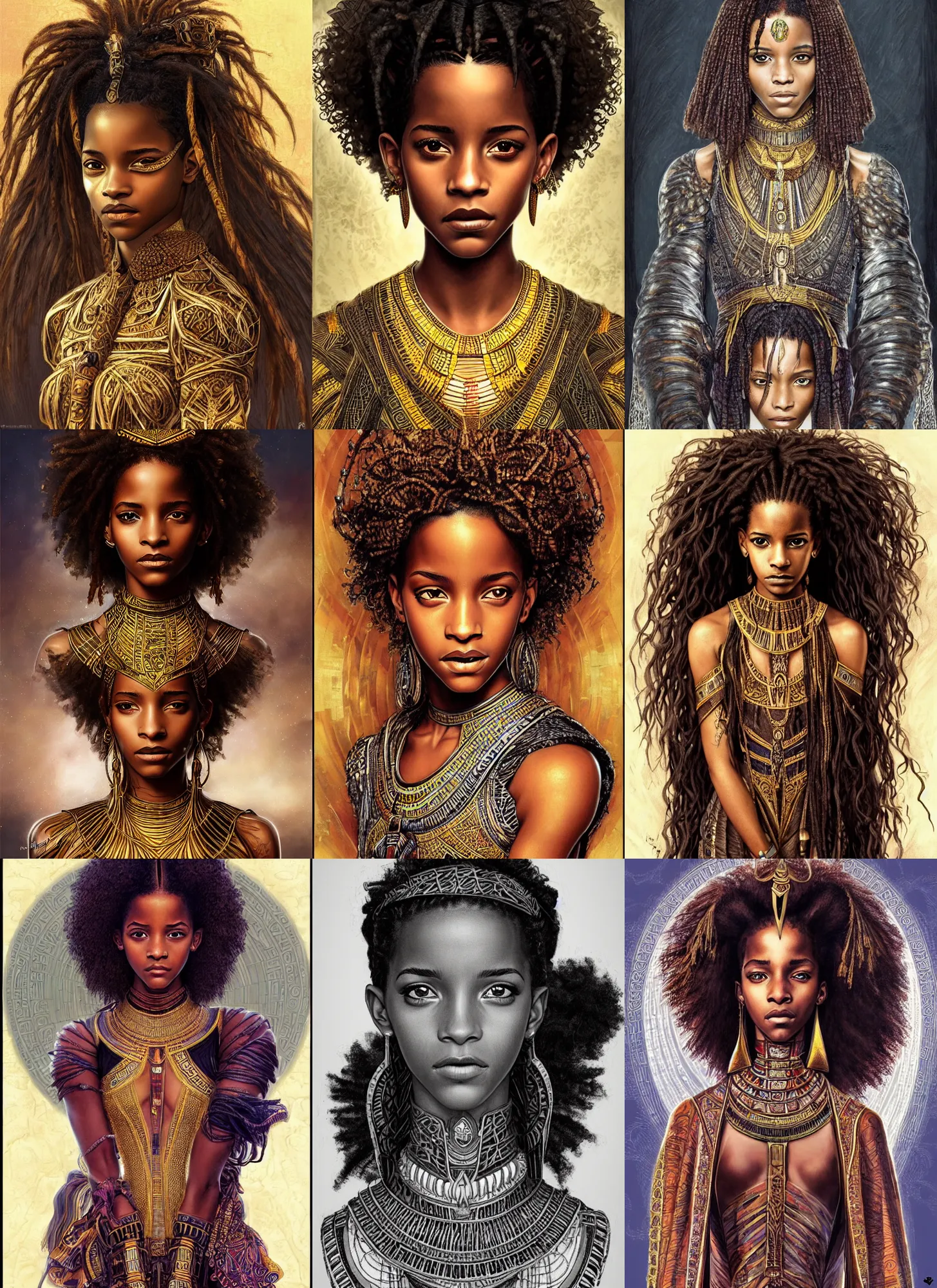 Prompt: black african emma watson willow smith symmetrical portrait, egyptian princess, afro hair, intricate, highly detailed, artstation, concept art, sharp focus, illustration, orientalism, edwin long, aleksi briclot, mucha