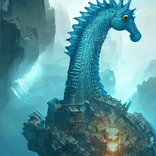 Image similar to a giant seahorse swimming above the city of atlantis by Cedric Peyravernay, highly detailed, full view of seahorse, excellent composition, cinematic concept art, colorful dramatic lighting, trending on ArtStation