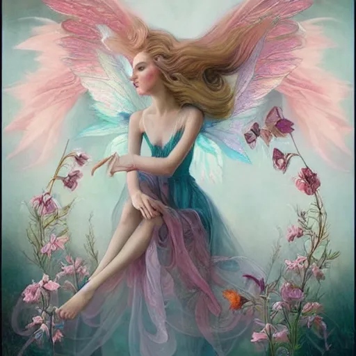 Prompt: symmetry!! a pink beautiful fairy with large wings and flowing hair is exploring her flower garden, style of tom bagshaw, extremely detailed, muted colors, negative space