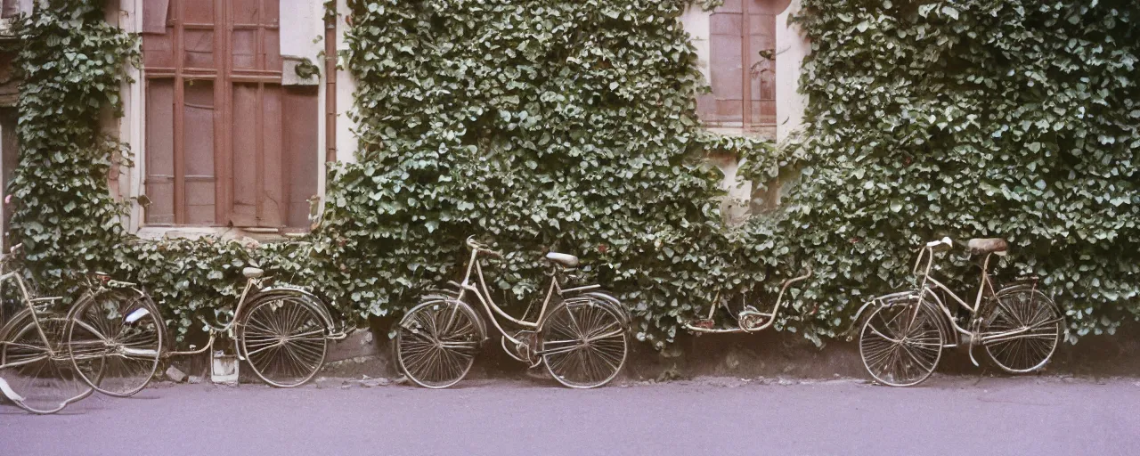 Image similar to spaghetti growing on ivy on a parisian side street, 1 9 5 0 s, canon 5 0 mm, bicycle, kodachrome, in the style of wes anderson, retro