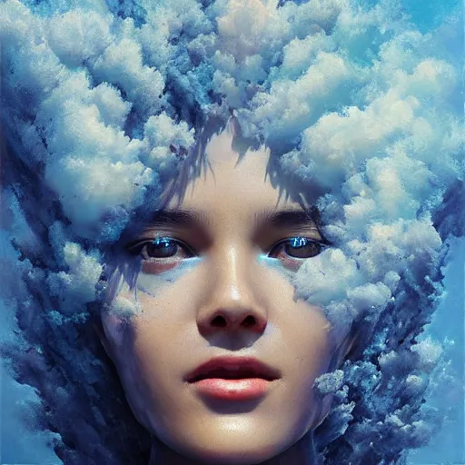 Image similar to 3 d, sci - fi, close - up, morning, smiling fashion model face, sun, cinematic, clouds, sun rays, vogue cover style, poster art, blue mood, realistic painting, intricate oil painting, high detail illustration, figurative art, multiple exposure, poster art, by tooth wu and wlop and beeple and greg rutkowski