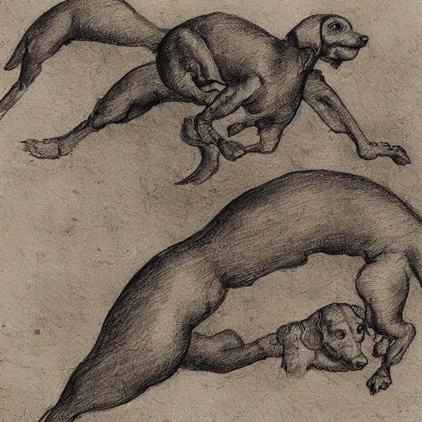 Prompt: leonardo da vinci sketch of a mechanical flying dachshund