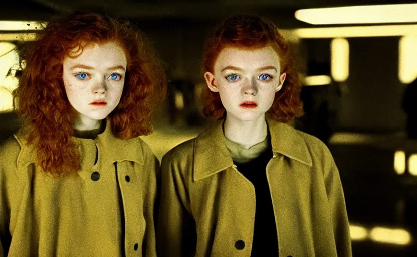 Image similar to sadie sink with spiky short hair in oversized man's coat : a still from a scifi soviet cyberpunk film from 1 9 8 0 s. by steven spielberg and james cameron. 6 5 mm low grain film stock. sharp focus, realistic facial expression, perfect anatomy, global illumination, radiant light, detailed and intricate environment, trending on artstation