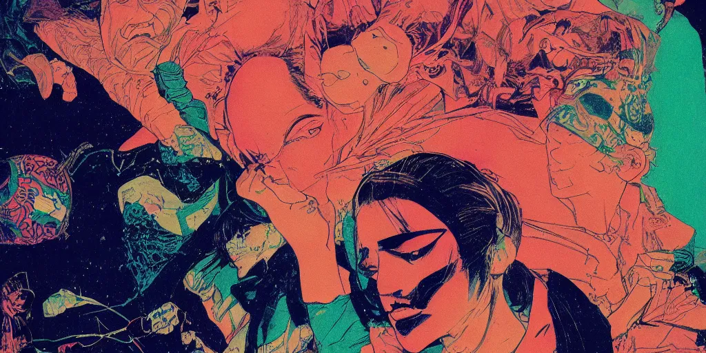 Prompt: a close - up grainy risograph, painting of a scene from hyper light drigter, neon colors, a big porcelain glossy geisha face floating above the wide monolith, moebius and kim jung gi and satoshi kon