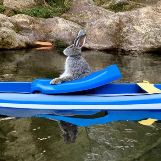 Prompt: a grey rabbit paddling a blue kayak on a small calm stream, 4k photorealistic