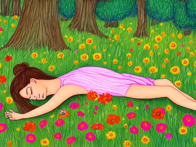 Prompt: drawing of girl laying down in the lawn full of flowers that smells like honey amongst forest with her soul connected to the nature around her. in style of maria prymachenko