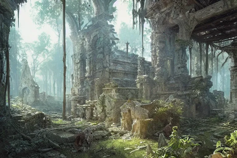 Image similar to painting of sacred ancient cursed ruins, forest, concept art, intricate details, eerie, highly detailed, photorealistic, octane render, 8 k, unreal engine. art by artgerm and greg rutkowski and alphonse mucha