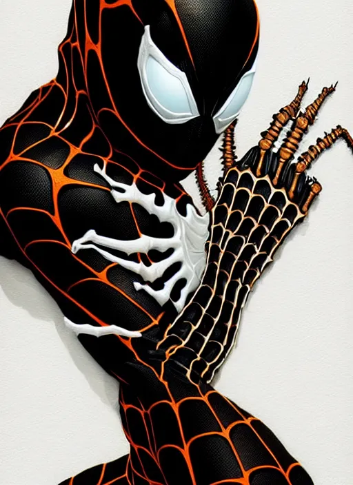 Image similar to highly detailed closeup portrait of a cyborg venom symbiote in spiderman suit with skeleton skull face, black hoodie by atey ghailan, by greg rutkowski, by greg tocchini, by james gilleard, by joe fenton, by kaethe butcher, gradient, yellow, black, brown and white color scheme, grunge aesthetic!!! white graffiti tag wall background