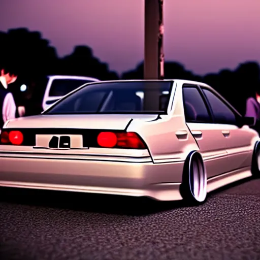 Image similar to a car JZX100 at illegal car meet, Chiba prefecture, city golden-hour mist lights, photorealistic, highly detailed, 85MM