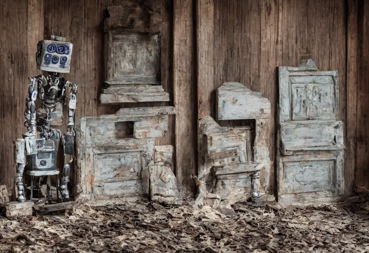 Prompt: A lonely robot sitting on a aged wooden rocking chair in front of a single beautiful fireplace in a dilapidated Victorian home