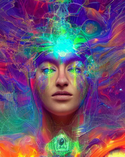 Image similar to a powerful energy psychedelic woman, by alexander fedosav, hyper detailed digital matte painting, concept art, hyperrealism, 1 6 k resolution, cinema 4 d, 8 k resolution, trending on artstation, behance hd, a masterpiece, by stephan martiniere, particles, cel - shaded, power bright neon energy, by david a. hardy,