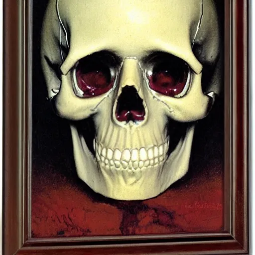 Image similar to Frontal portrait of a carved skull with ruby eyes. A portrait by Norman Rockwell.