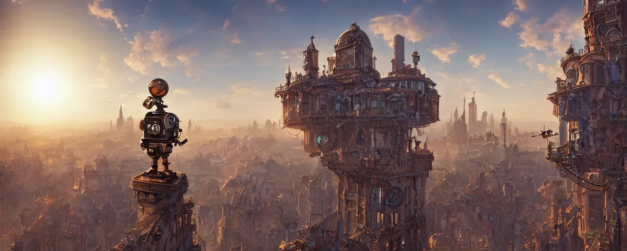 Prompt: a small cute steampunk robot standing on top of a building ledge overlooking a large renaissance steampunk city at sunset, backlit, by Eddie Mendoza , raphael lacoste, Andree Wallin, cinematic lighting, 8k, very detailed, ornate, beautiful composition, trending on artstation and pinterest, concept art