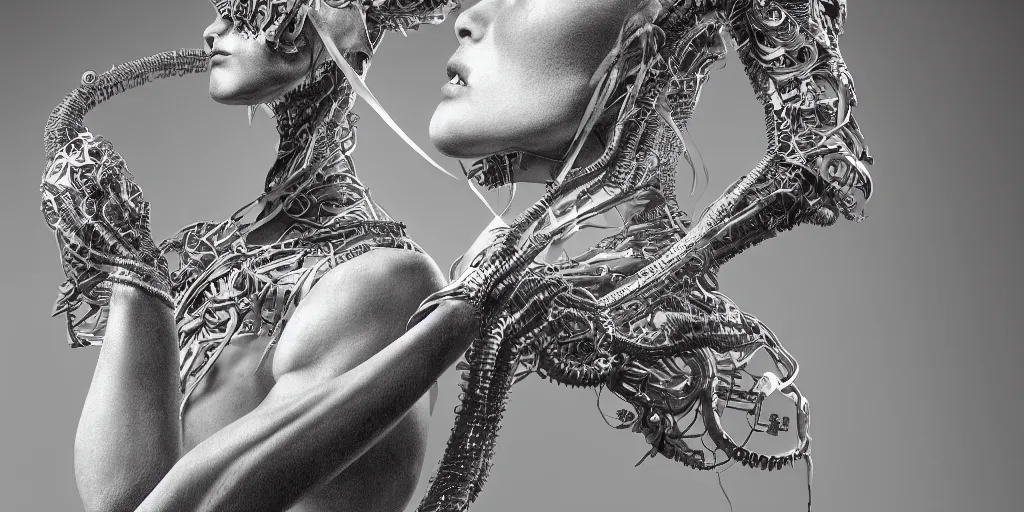 Prompt: hyper realistic photography of a stunningly beautiful cyborg female, plated arm, intimate, chest, holding close, ribbons, in the style of beth cavener, jin kagetsu,, and wlop, highly detailed, intricate filigree, symmetry, masterpiece, award winning, sharp focus, concept art, highkey lighting, ambient lighting, octane render, 8 k, artstation