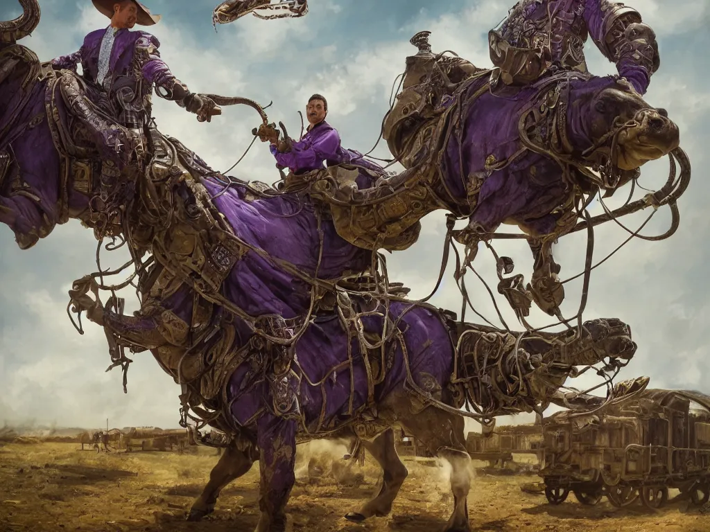 Image similar to cowboy snake oil salesman in purple green medieval armour riding a locomotive steam bull with dollar bill print skin, by Greg Rutkowski, 8K, hyper detailed, realistic, by onesal, by sixnfive , behance 3d , studio photography DSLR, Photoreal epic composition